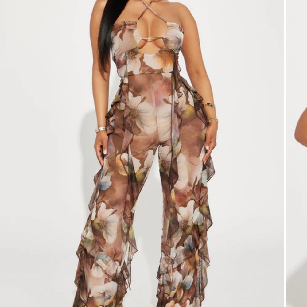 Fashion Nova Floral Ruffle Jumpsuit - Brown and Cream